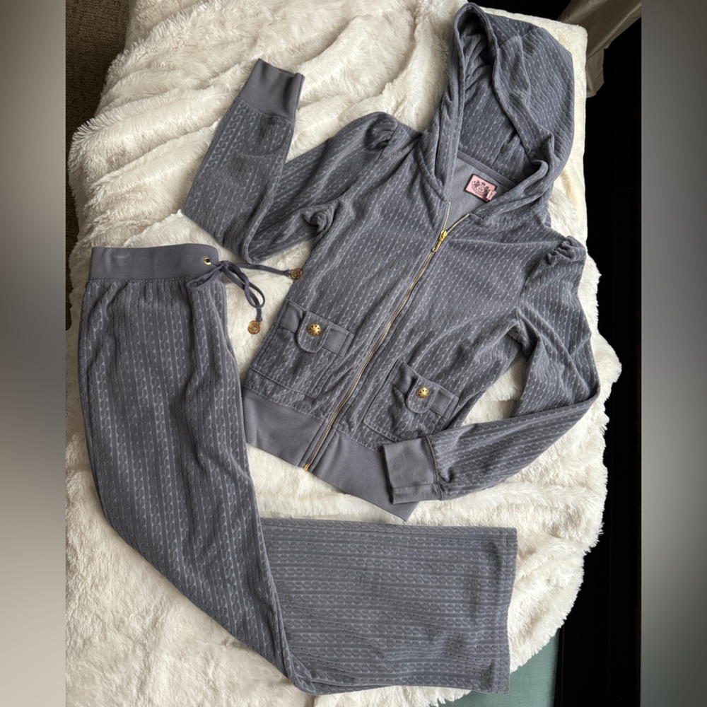 Gray Velour/Embossed Juicy Couture Hoodie Set with Gold Accents